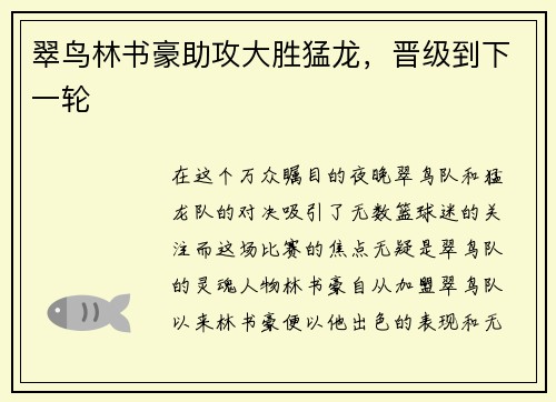 翠鸟林书豪助攻大胜猛龙，晋级到下一轮